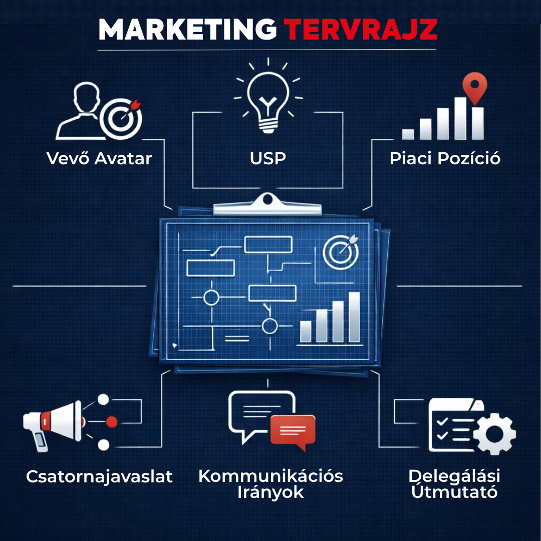 Marketing Tervrajz infografika: Vevő Avatar, USP, Piaci Pozíció, Csatornajavaslat, Kommunikációs Irányok, Delegálási Útmutató